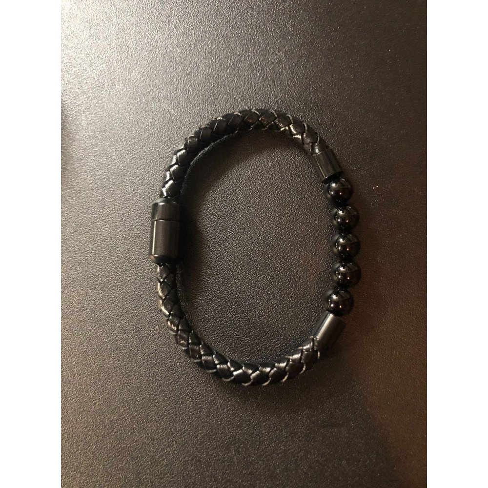 Men's 8mm Black Leather/Beads Bracelet